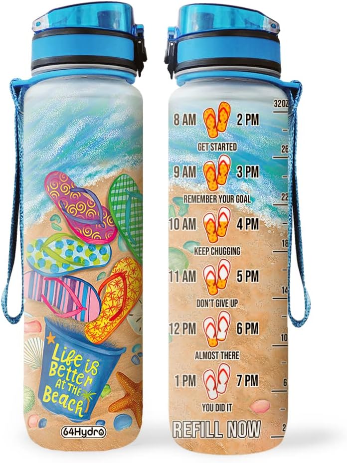 64HYDRO Botella de agua motivacional de 32 onzas con marcador de tiempo y colador extraíble, tapa abatible, a prueba de fugas, duradera, sin BPA, no