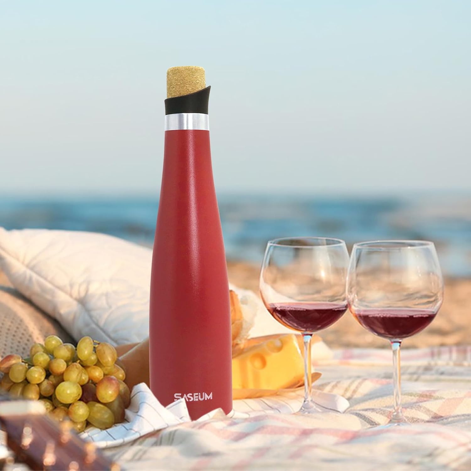 Botella de vino  Botella de vino aislada de acero inoxidable de 23.7 fl oz con tapa sellada al vacío (rojo, 23.7 fl oz)