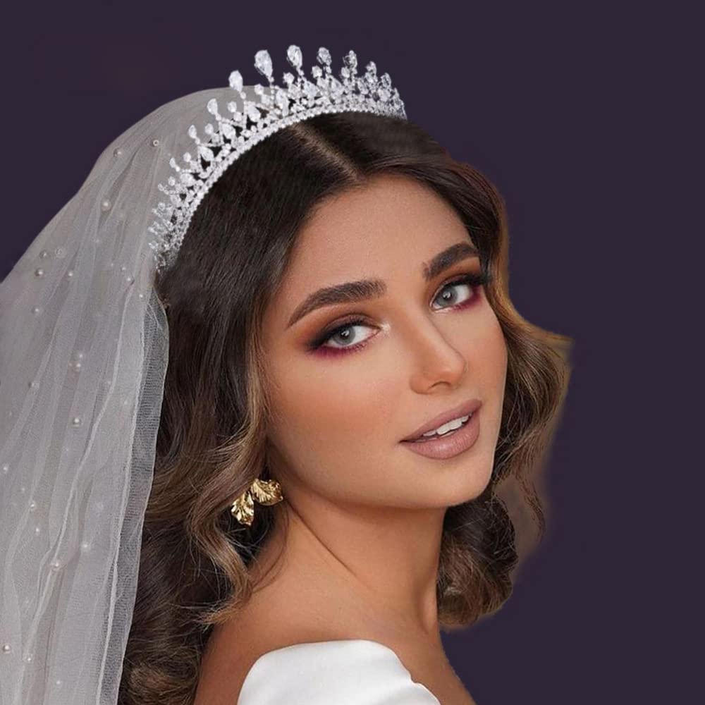 FASNAHOK Corona de boda con circonita cúbica completa, tiaras de novia, tocados alargados para concursos de belleza, hechos a mano, accesorios de