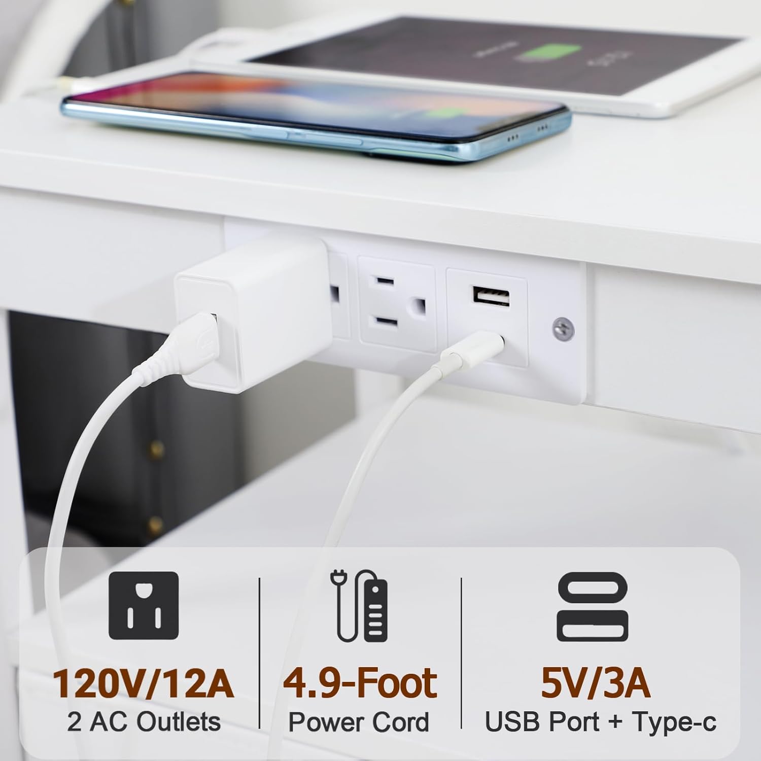 LOAKEKEL Juego de 2 mesitas de noche blancas con estación de carga, mesas auxiliares LED con puertos USB C y 2 tomas, mesita de noche con 4 cajones