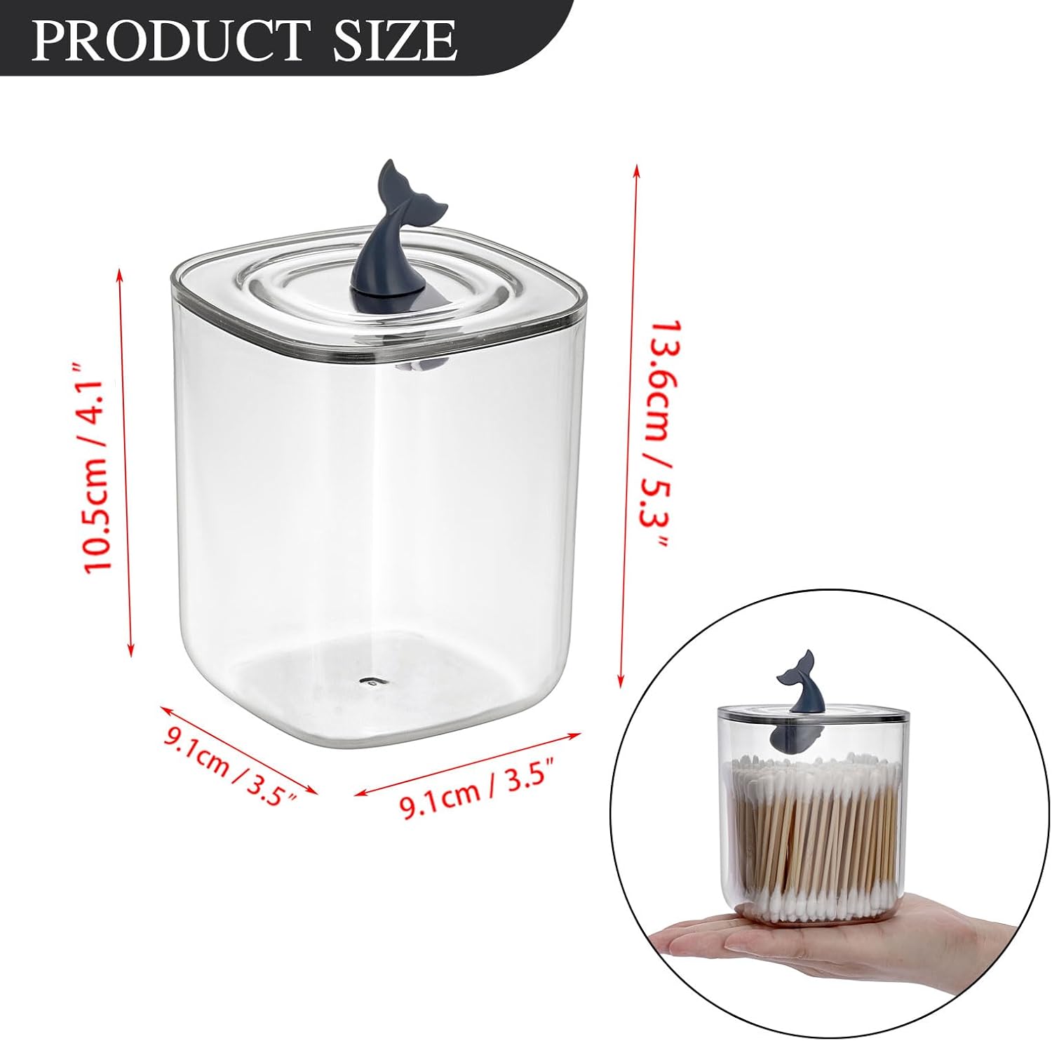 Hipiwe Dispensador de plástico Qtip con tapa de ballena, contenedores de baño transparentes para almohadillas de bolas de algodón, frascos de