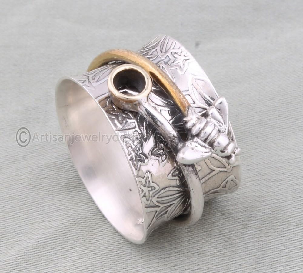 Spinner Silver Ring, 925 Silver Ring, Handmade Ring, Hammered Silver Ring, Spinning Silver Ring, Fidget Spinner Ring, Honey Bee Silver Ring, Spinner