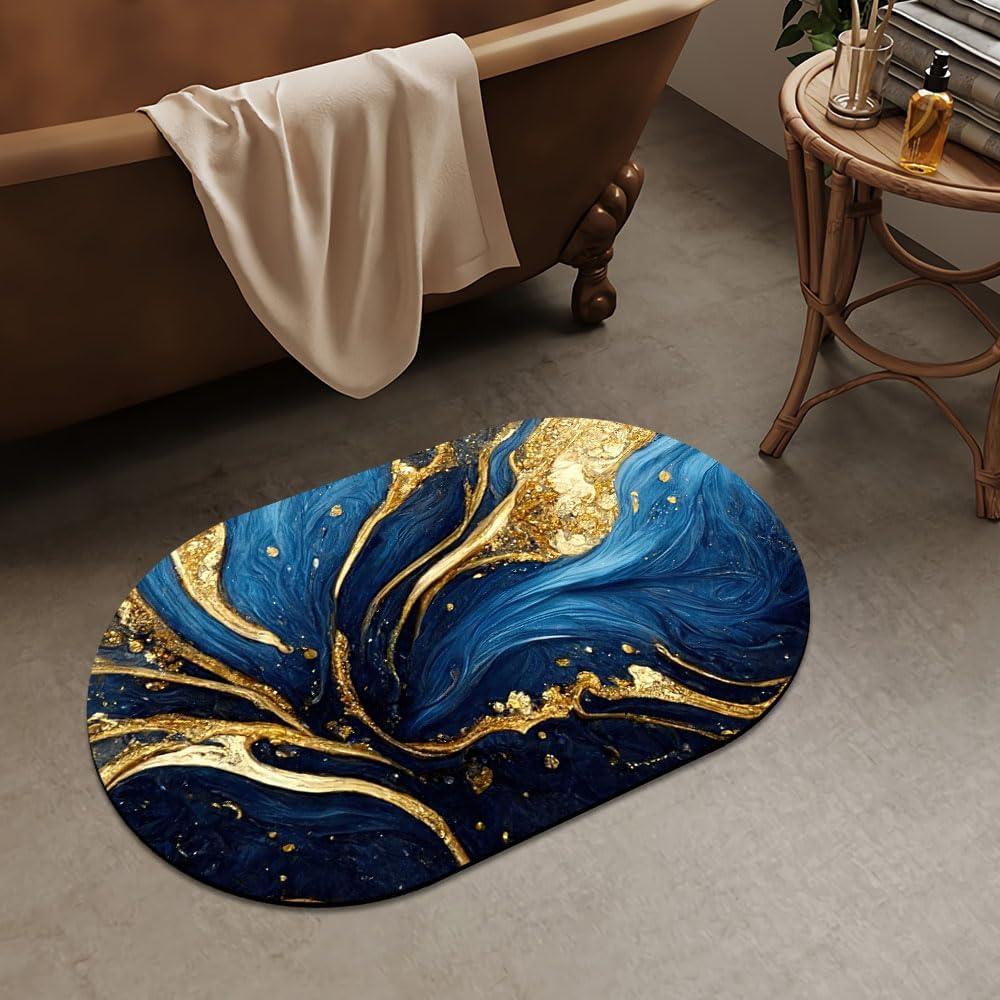 Alfombra de baño con textura de mármol azul y dorado, súper absorbente, de secado rápido, parte inferior de goma antideslizante, fácil de limpiar,