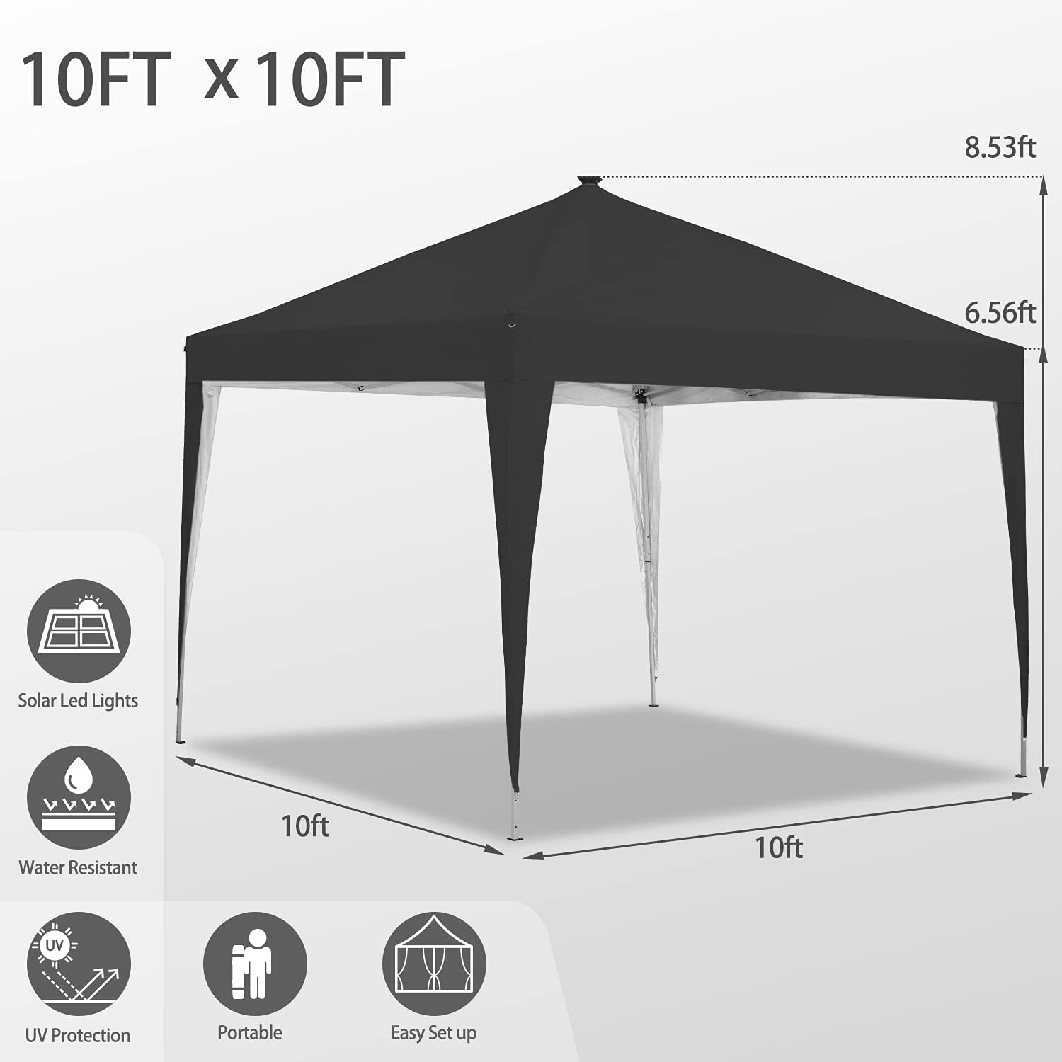 Tienda de campaña con toldo desplegable de 10 x 10 pies, luz LED, portátil, para fiestas de fiesta, color negro