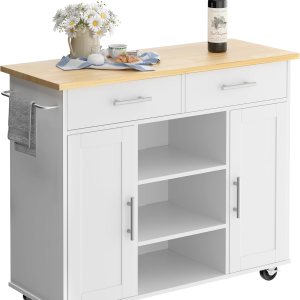 Shintenchi Carrito de isla de almacenamiento de cocina con 3 estantes abiertos, 2 cajones y 2 gabinetes, carrito de cocina con ruedas con Shintenchi Carrito de isla de almacenamiento de cocina con 3 estantes abiertos, 2 cajones y 2 gabinetes, carrito de cocina con ruedas con