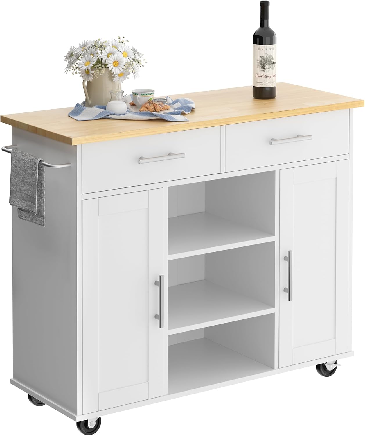 Shintenchi Carrito de isla de almacenamiento de cocina con 3 estantes abiertos, 2 cajones y 2 gabinetes, carrito de cocina con ruedas con