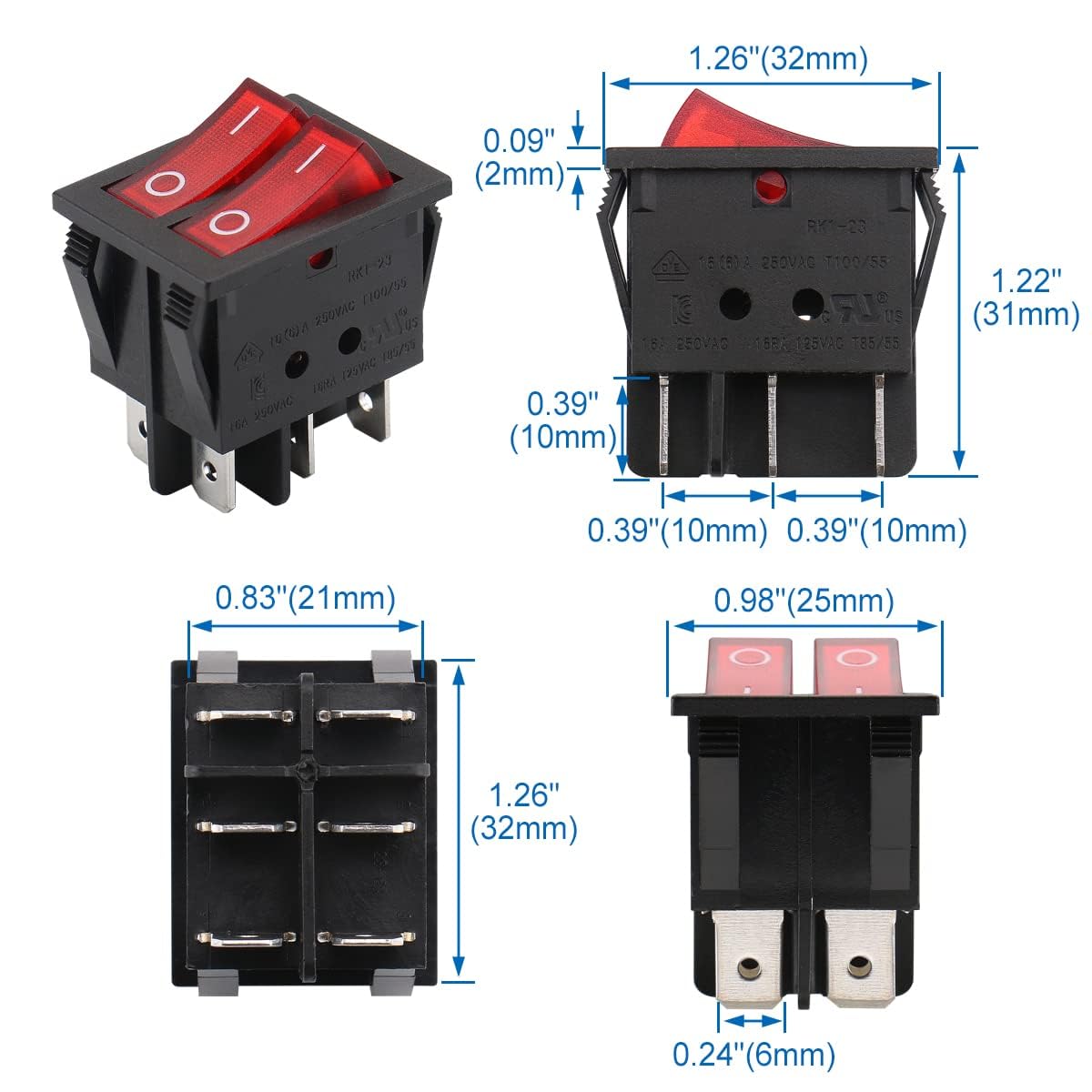 Baomain Interruptor basculante para barco, luz roja, iluminado, CA, 16A250V, 16A125V, 6 pines Dual DPDT ONOff UR List (2)
