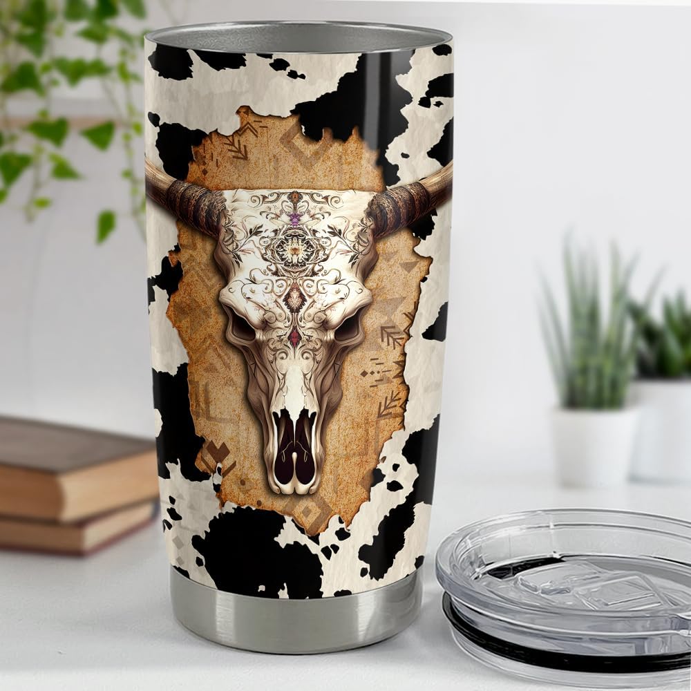 SANDJEST Vaso térmico de acero inoxidable de 20 onzas con diseño de calavera de vaca, taza de viaje para café, regalos para hombres y mujeres,