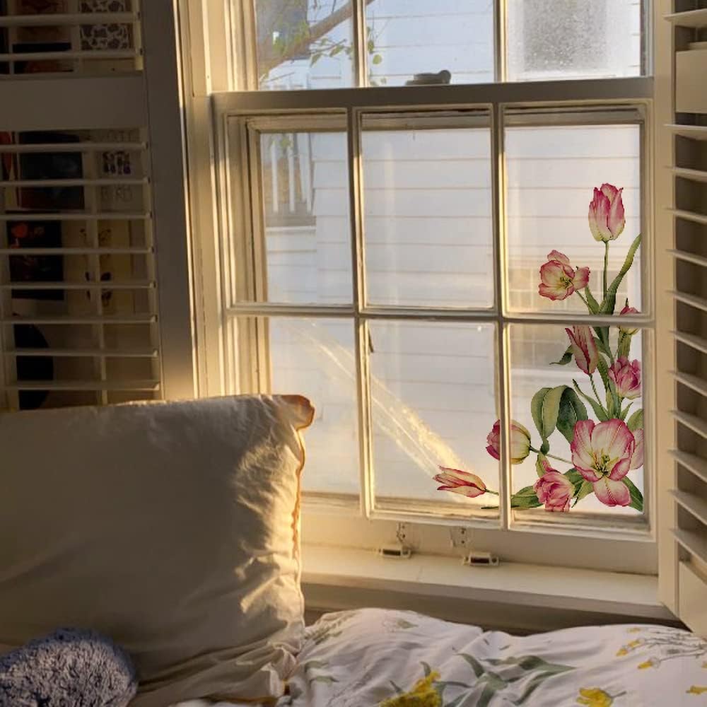 Calcomanías vintage de primavera para ventana, diseño de tulipán de primavera, adhesivo transparente para ventana, película de vidrio de doble cara
