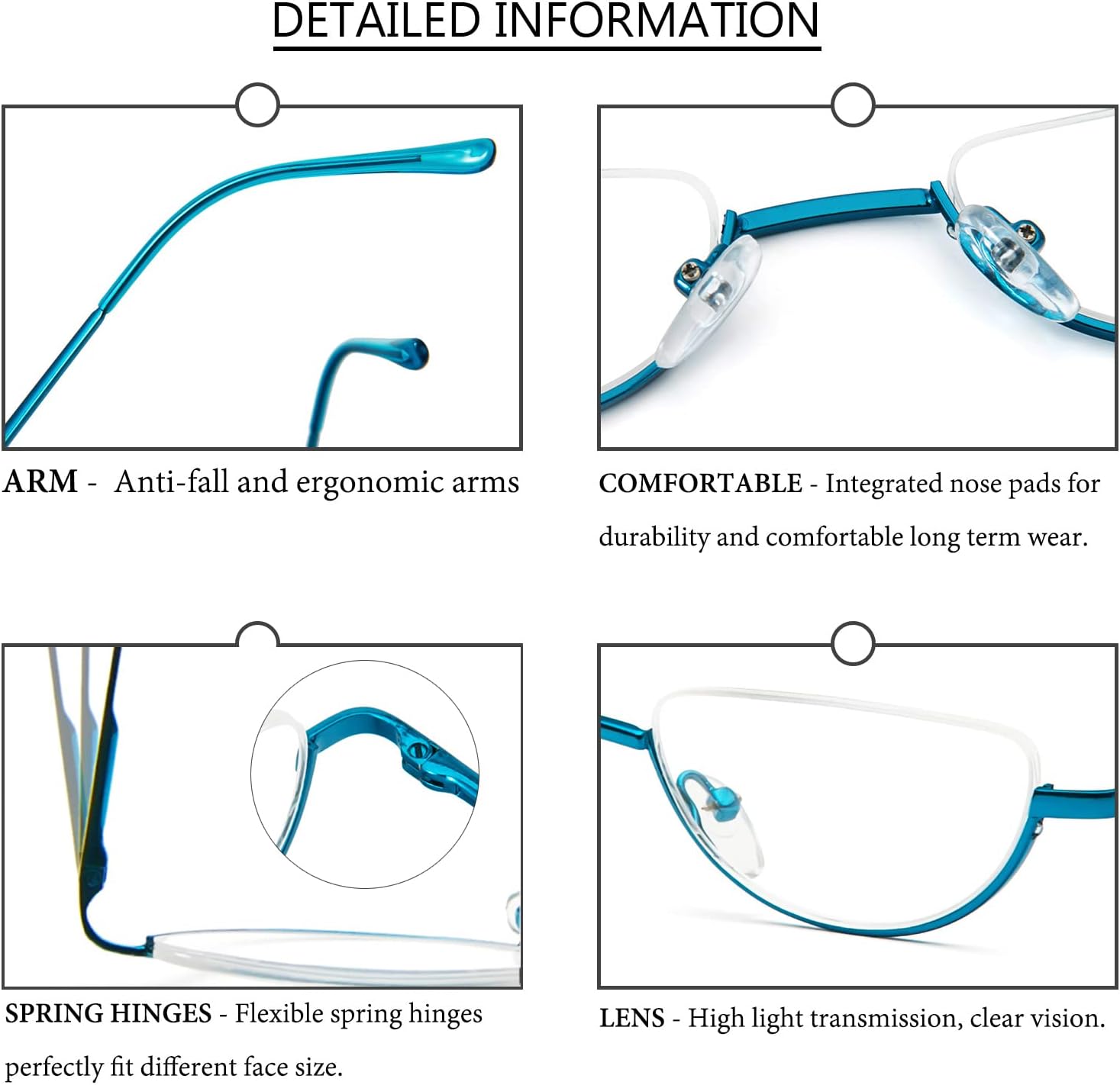 REAVEE Paquete de 2 lentes de lectura retro de diseño medio marco, para mujeres y hombres, bisagra de resorte para lectores de media luna, elegantes