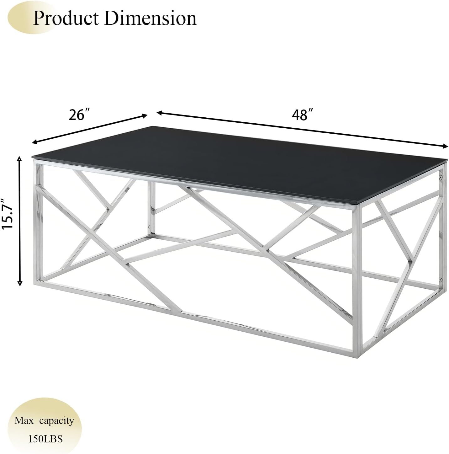 WOKER FURNITURE Mesa de centro de cristal negro con marco de acero inoxidable plateado, mesa de centro rectangular moderna con vidrio templado negro