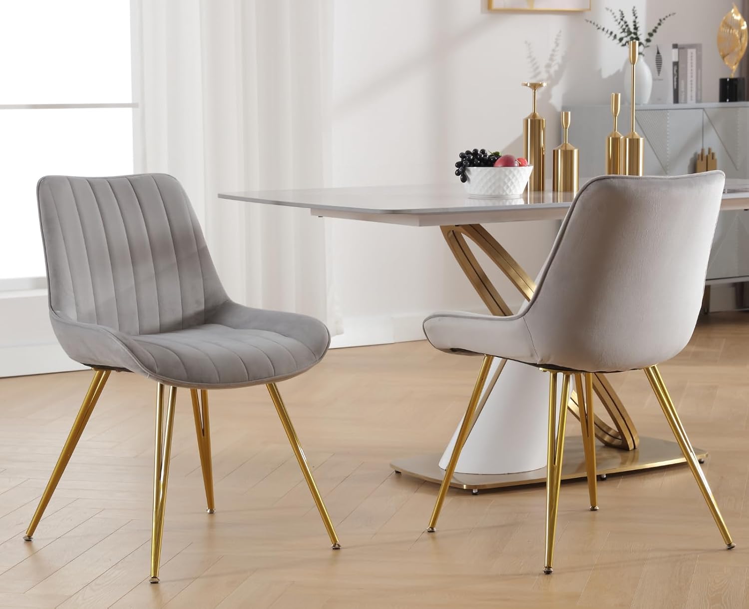 EALSON Juego de 2 sillas de comedor modernas tapizadas de terciopelo con patas de metal dorado, cómodas sillas de cocina acolchadas y sin brazos