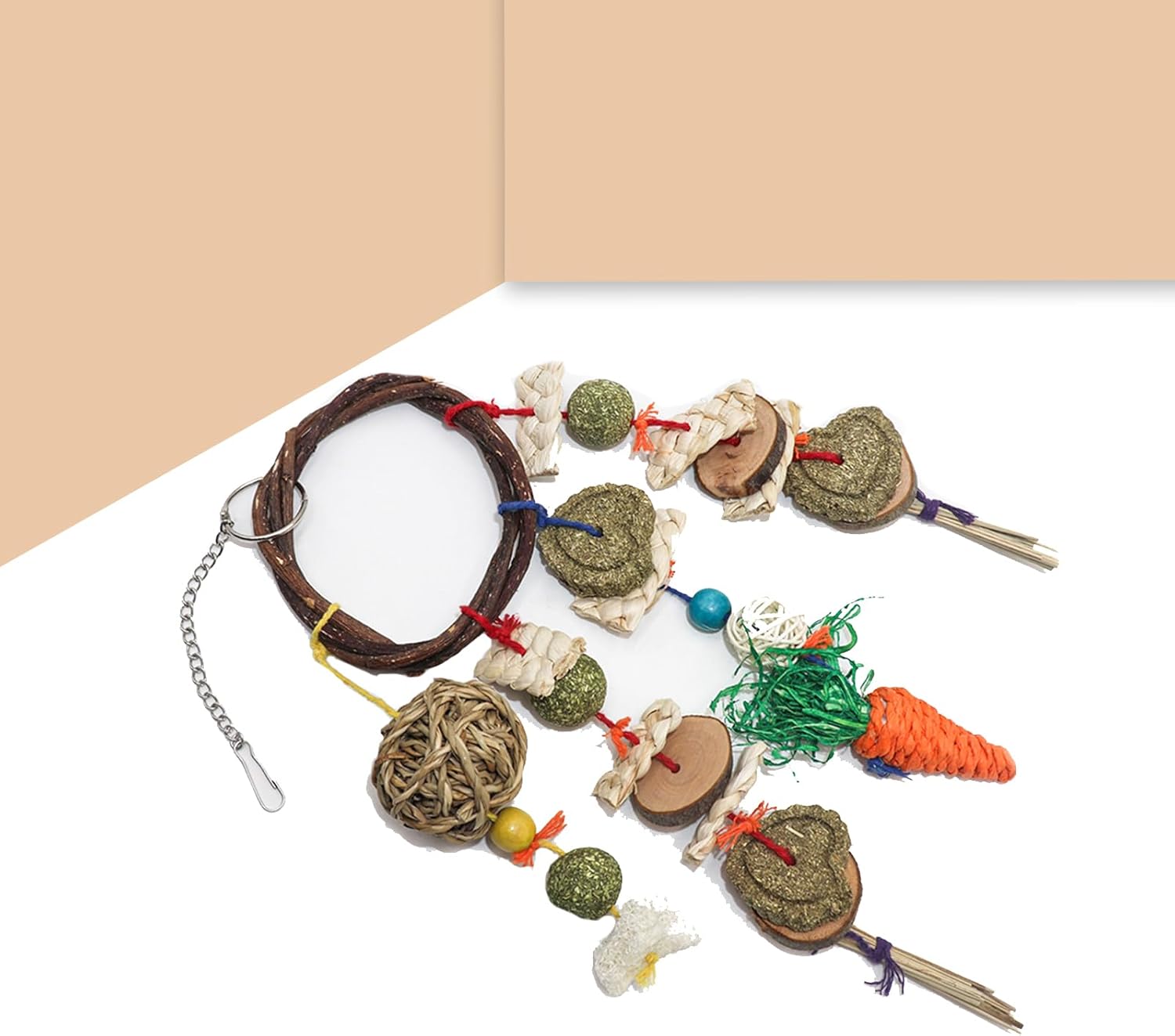 Juguete masticable de conejo, juguete colgante de jaula de conejo, anillo de ratán, trata de moler dientes para conejo, conejillo de indias,