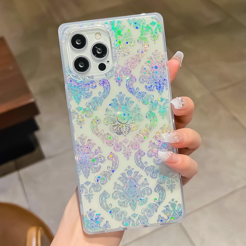 KERZZIL Funda transparente de lujo con borde cuadrado compatible con iPhone 13 Pro, delgada, elegante, retro, flor suave, gel de silicona TPU a
