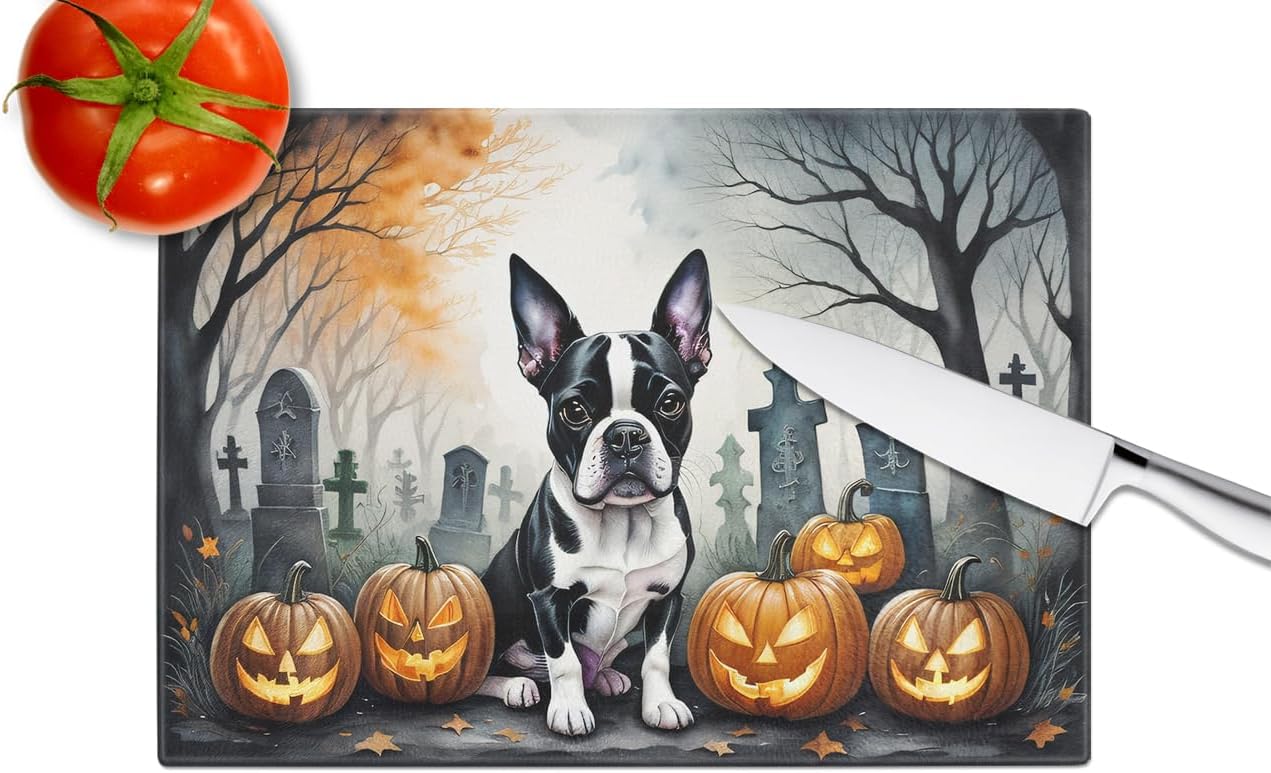 Caroline’s Treasures DAC2022LCB Boston Terrier Spooky Tabla de cortar de vidrio de Halloween Tabla de cortar y servir de vidrio templado decorativa