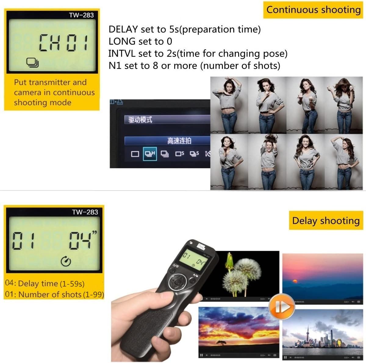Pixel Temporizador inalámbrico TW283-L1 Control remoto de liberación de obturador compatible con Panasonic S5, S1, G95, G91, G90, FZ10002, G9, GH5,