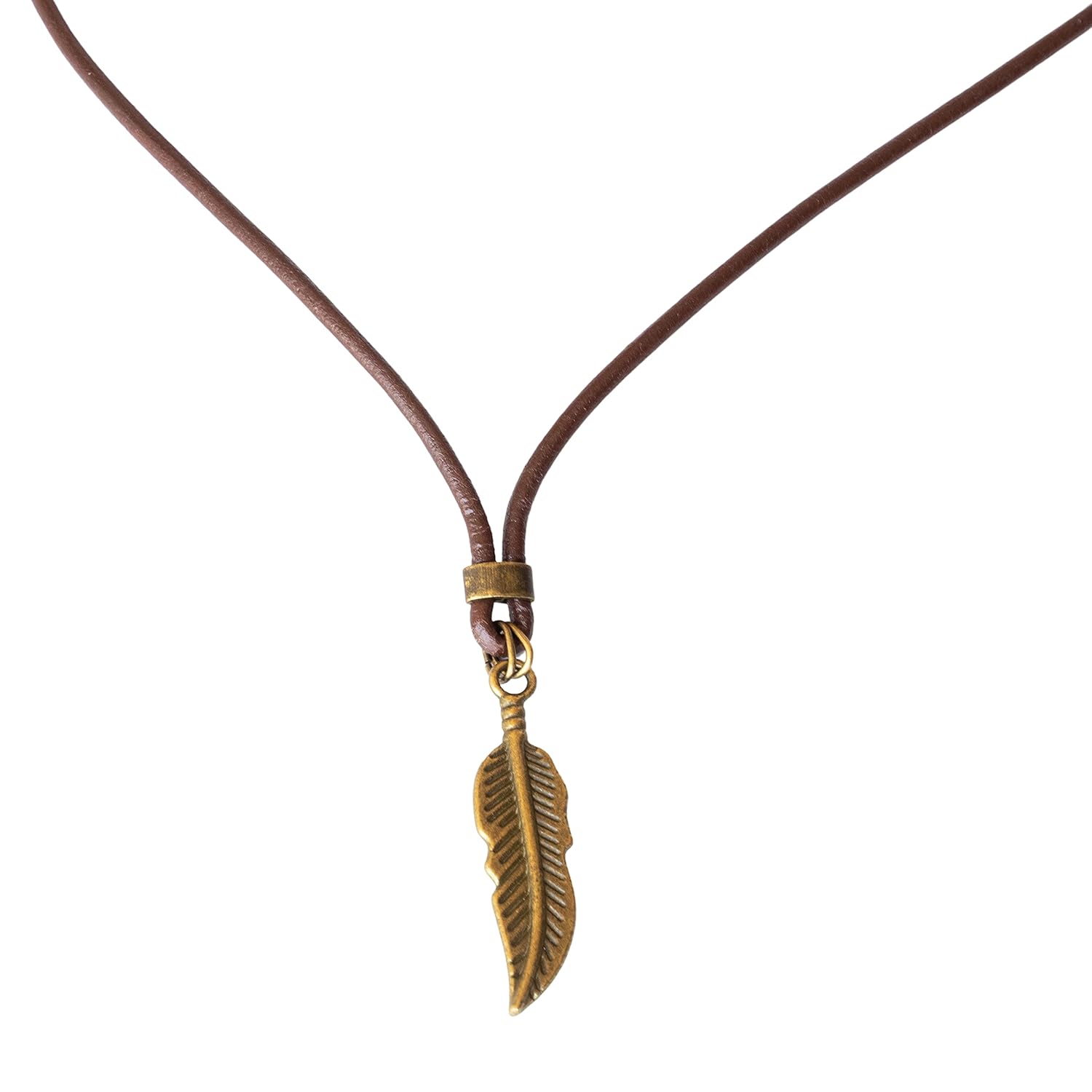 Men’s Feather Necklace, Short Brown Leather & Brass Pendant Choker Necklace for Men, Spiritual Nature Inspired Hippie Festival Choker for Men,