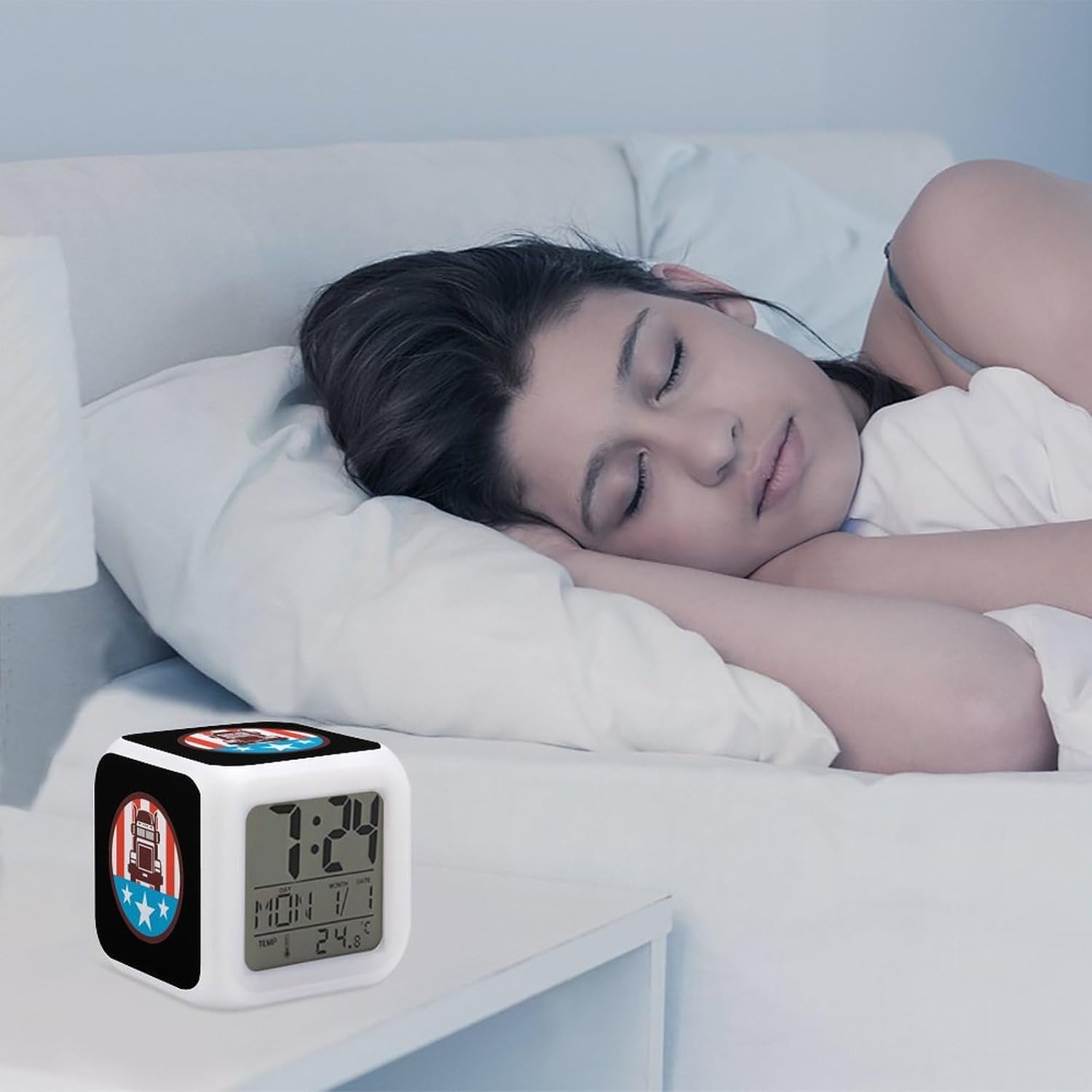 Truck USA Flag Digital Alarm Thermometer Night Glowing 7 Colors Clock with LED for Bedroom