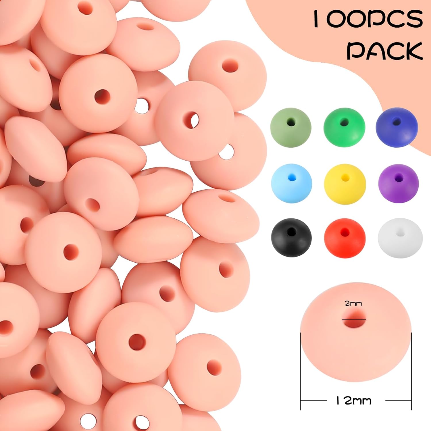 100 cuentas de lentejas de silicona, cuentas focales de silicona de goma de 0.472 pulgadas a granel para llavero, pulsera, collar, manualidades