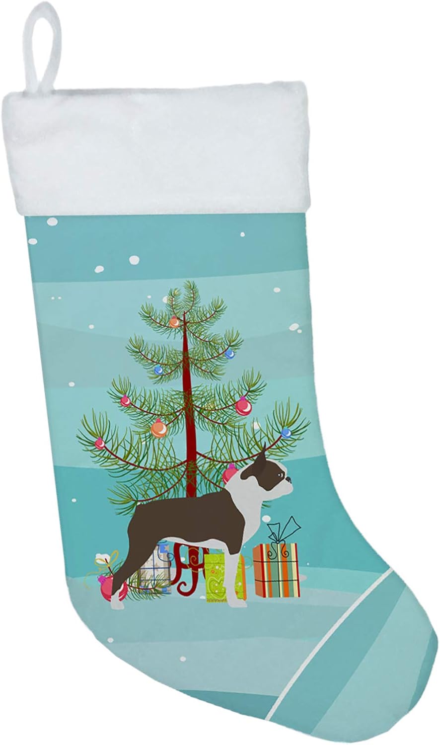 Caroline’s Treasures BB2962CS Boston Terrier Feliz Árbol de Navidad Calcetín de Navidad para chimenea, medias colgantes para la temporada de