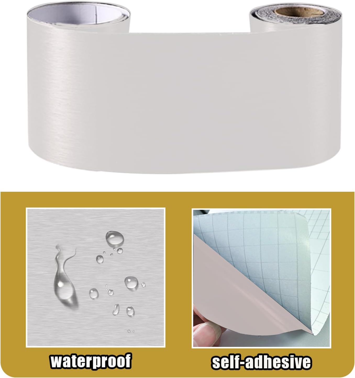 Borde de pared autoadhesivo 3D de color metálico, impermeable, fácil de aplicar, azulejos de cocina y baño, 4.2 x 196.8 pulgadas (blanco)