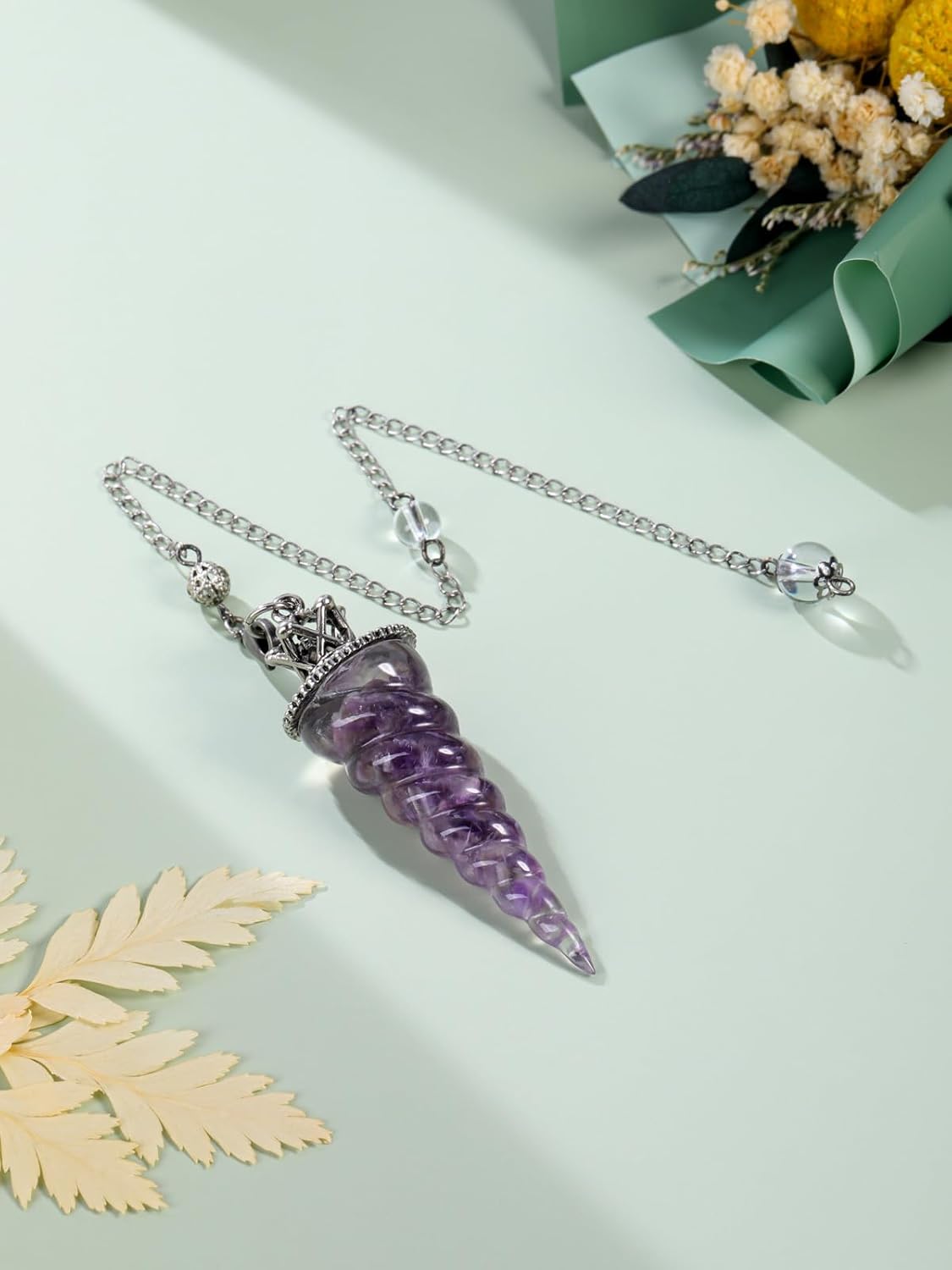 Jovivi Péndulos de cristal de amatista natural para radiestesia de adivinación, corona de cono de espiral, péndulo puntiagudo con cadena, piedras de