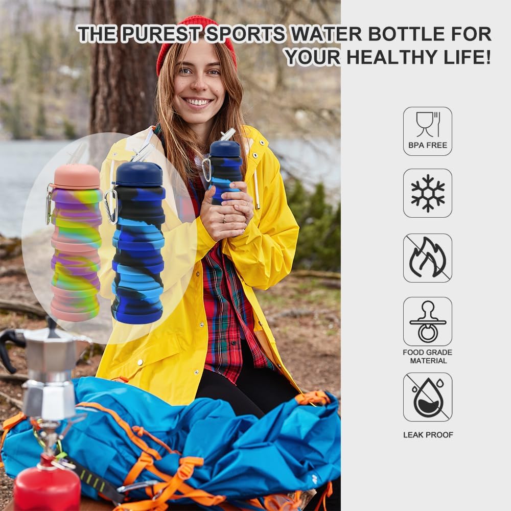 Paquete de 2 botellas de agua plegables de silicona, a prueba de fugas, portátiles de 16 onzas, expandibles, vasos deportivos con popote, sin BPA,