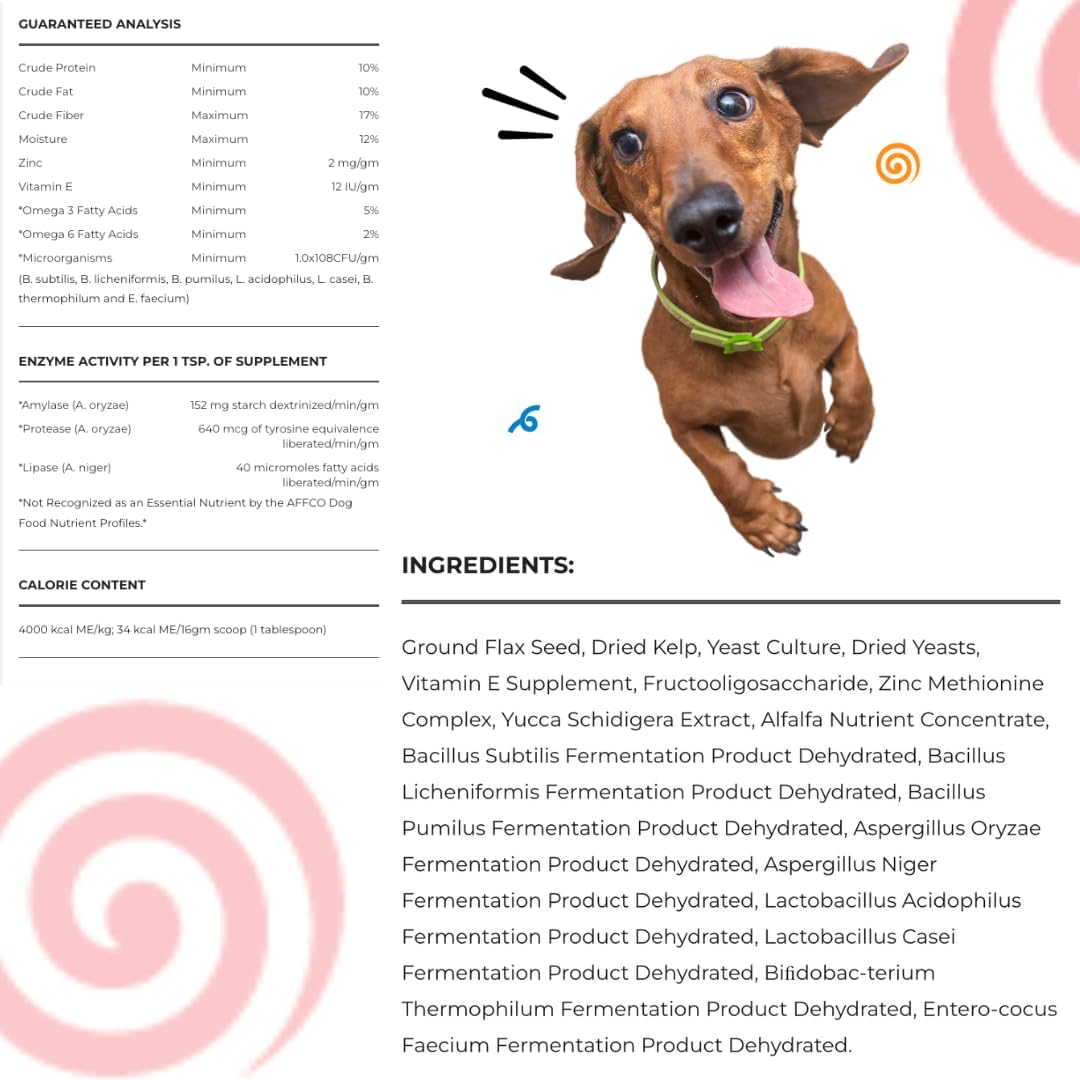 Dinovite Suplemento probiótico para perros – Omega 3 para perros – Alivio de puntos calientes – Suplemento de piel y pelaje para perros – Suministro