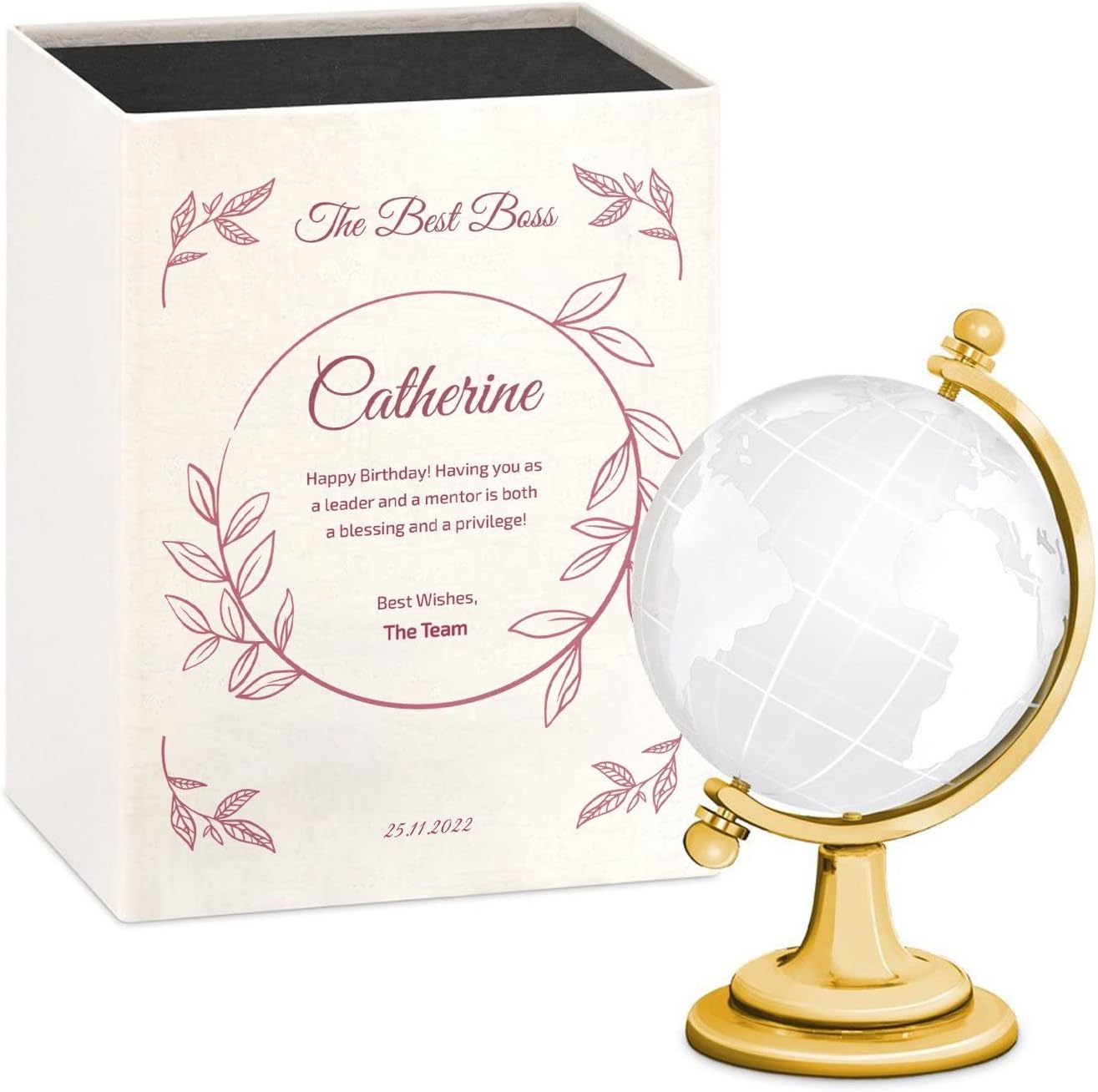 Maverton Globo de cristal para mujer – Decoración para ella – Mapa del mundo cortado con láser – Elegante caja con sobreimpresión – Para viajero –