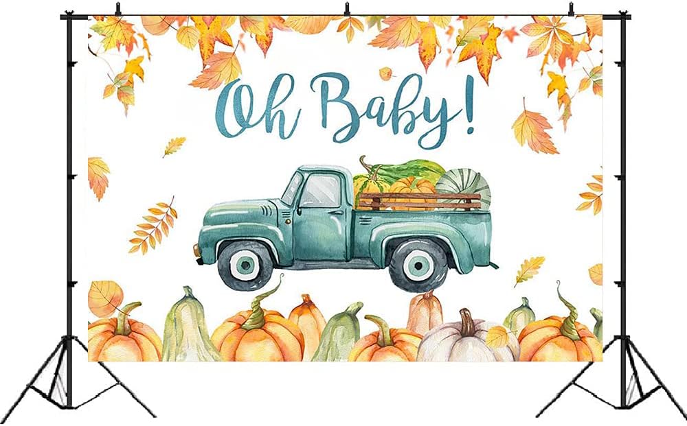 Lofaris Telón de fondo de fotografía Oh Baby de 5 x 3 pies para baby shower, hojas de arce, camión de cosecha, telón de fondo para otoño, Halloween,