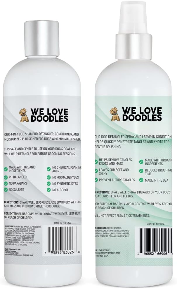 We Love Doodles Juego combinado de champú y desenredante en aerosol 4 en 1 para perros, fabricado en Estados Unidos, ingredientes orgánicos, kit de