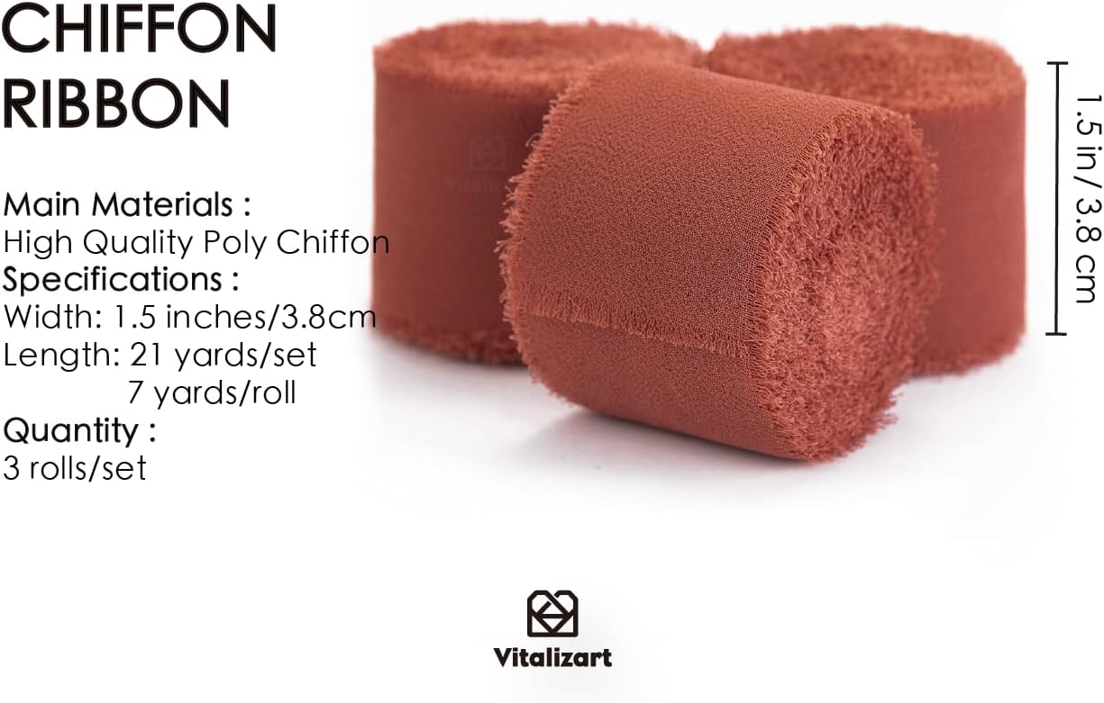 Vitalizart – 3 rollos de cinta de gasa hecha a mano con flecos, tacto como la seda, de chifón, de 1.5 pulgadas de ancho x 7 yardas de largo, para