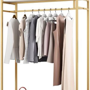 Perchero de ropa resistente con estantes para colgar ropa, perchero independiente de metal dorado para exhibición minorista (47.24 pulgadas de largo) Perchero de ropa resistente con estantes para colgar ropa, perchero independiente de metal dorado para exhibición minorista (47.24 pulgadas de largo)
