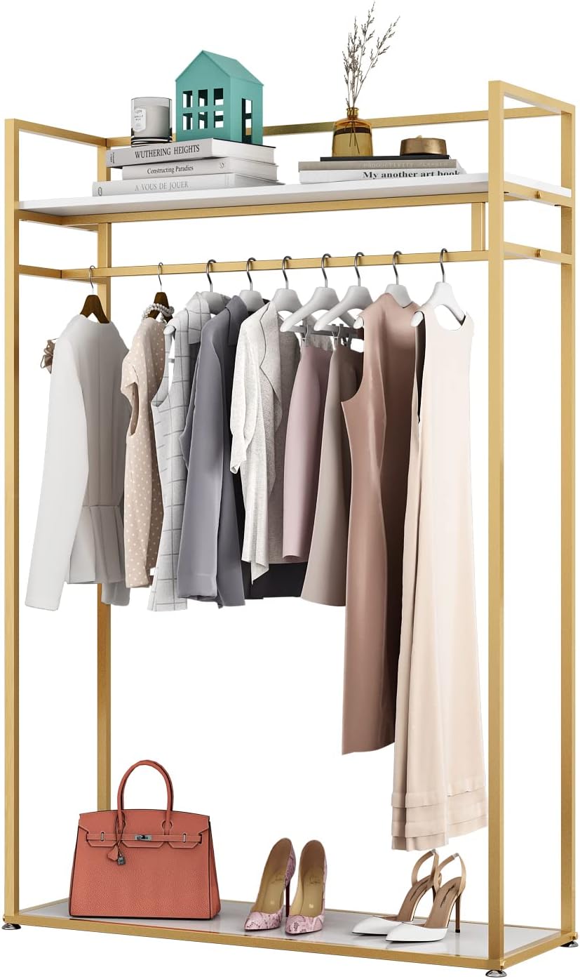 Perchero de ropa resistente con estantes para colgar ropa, perchero independiente de metal dorado para exhibición minorista (47.24 pulgadas de largo)