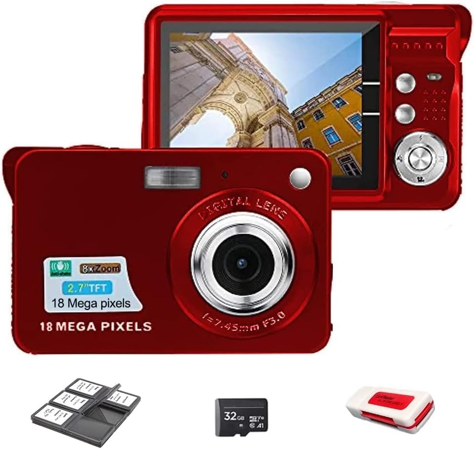 Kit de cámara digital de megapíxeles de 18 MP con pantalla LCD de 2.7 pulgadas, batería recargable, tarjeta SD de 32 GB, soporte para tarjetas,