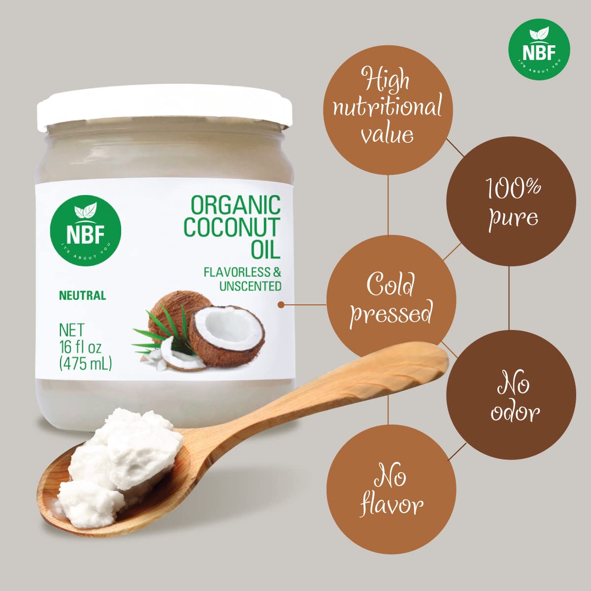 NBF Aceite de coco orgánico, sin sabor ni olor, sin OMG, prensado en frío, naturalmente refinado, sabor y aroma neutros, (16 onzas líquidas)
