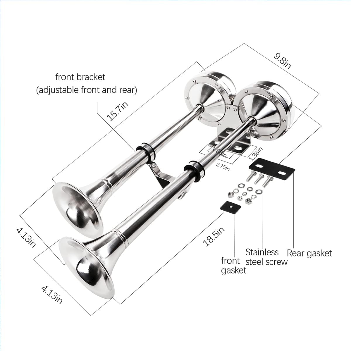 Bocinas de barco de 12 V, cuerno de trompeta de barco marino de acero inoxidable pulido, tono bajo y alto BANHAO con soporte ajustable, bocina de