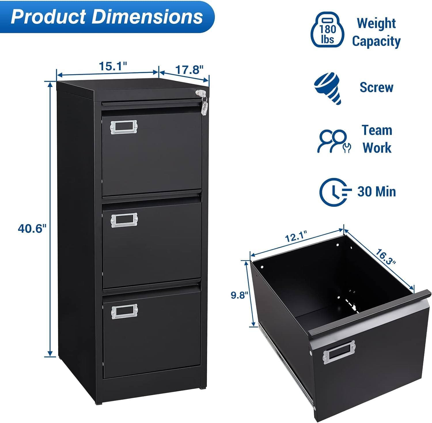 Archivador de 3 cajones para oficina en casa, archivador vertical con cerradura, archivador de metal con bloqueo, archivador pequeño organizador