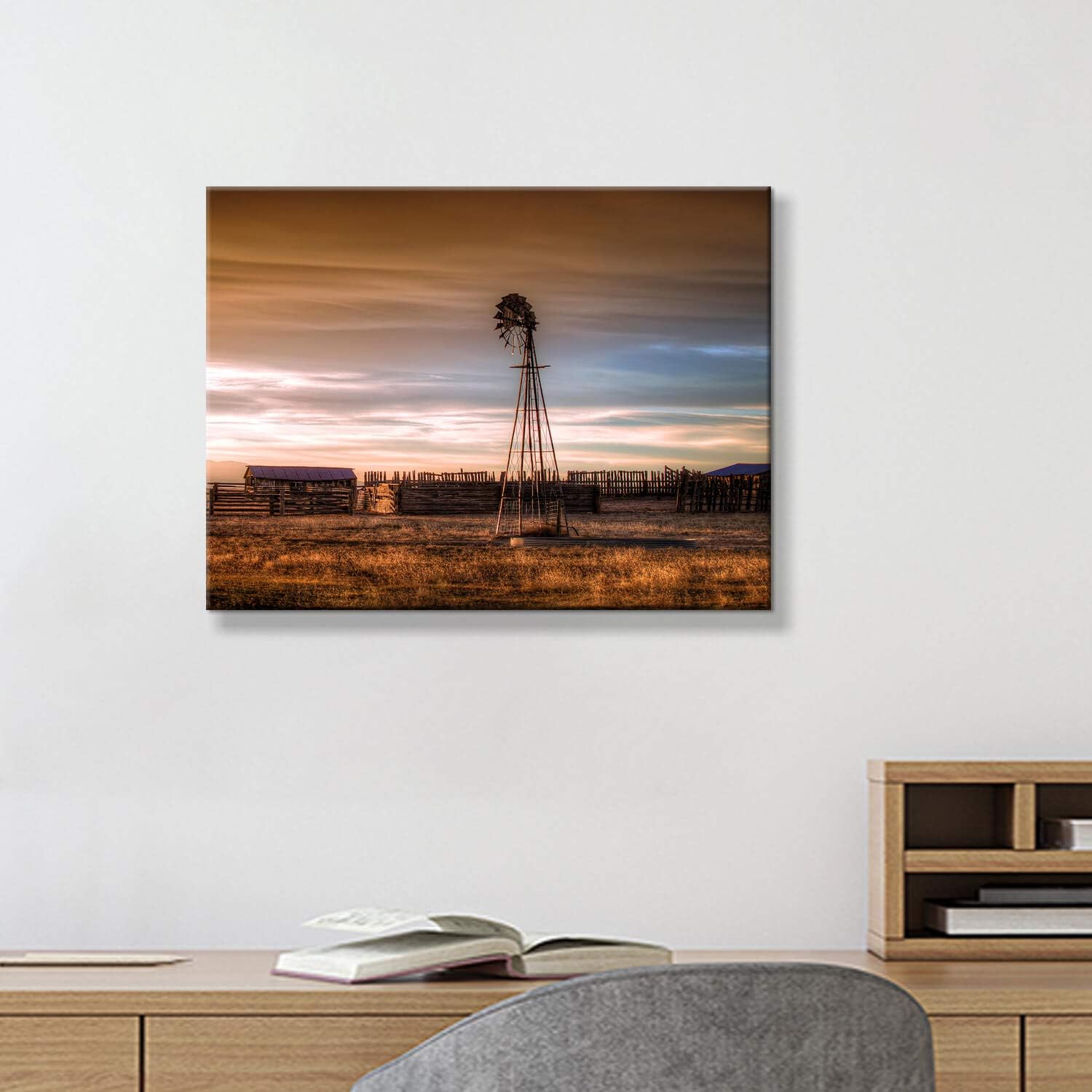 Rustic Windmill Picture Wall Art Plains Landscape Artwork Farmhouse Painting Print on Canvas for Living Room (16” x 12” x 1 Panel)
