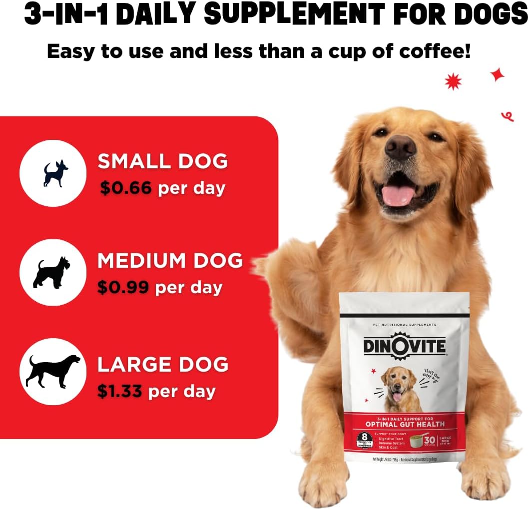 Dinovite Suplemento probiótico para perros – Omega 3 para perros – Alivio de puntos calientes – Suplemento de piel y pelaje para perros – Suministro