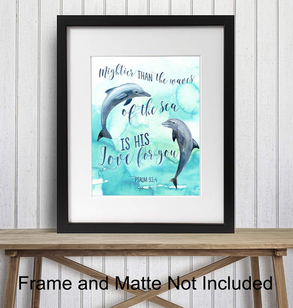 Mightier Than the Waves Dolphins Wall Decor – Religious Bible Verse Wall Art – Christian Scripture Decoration for Bedroom, Bathroom, Living Room,