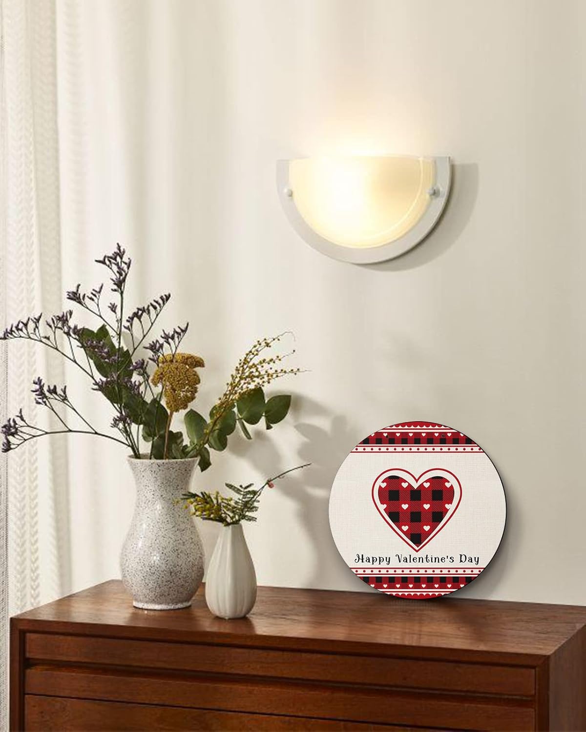 Welcome Sign for Front Door Decoration, Happy Valentine’s Day Red Black Buffalo Plaid 10 Inch Wreaths Hanging Sign Plaque Holiday Decor for Porch