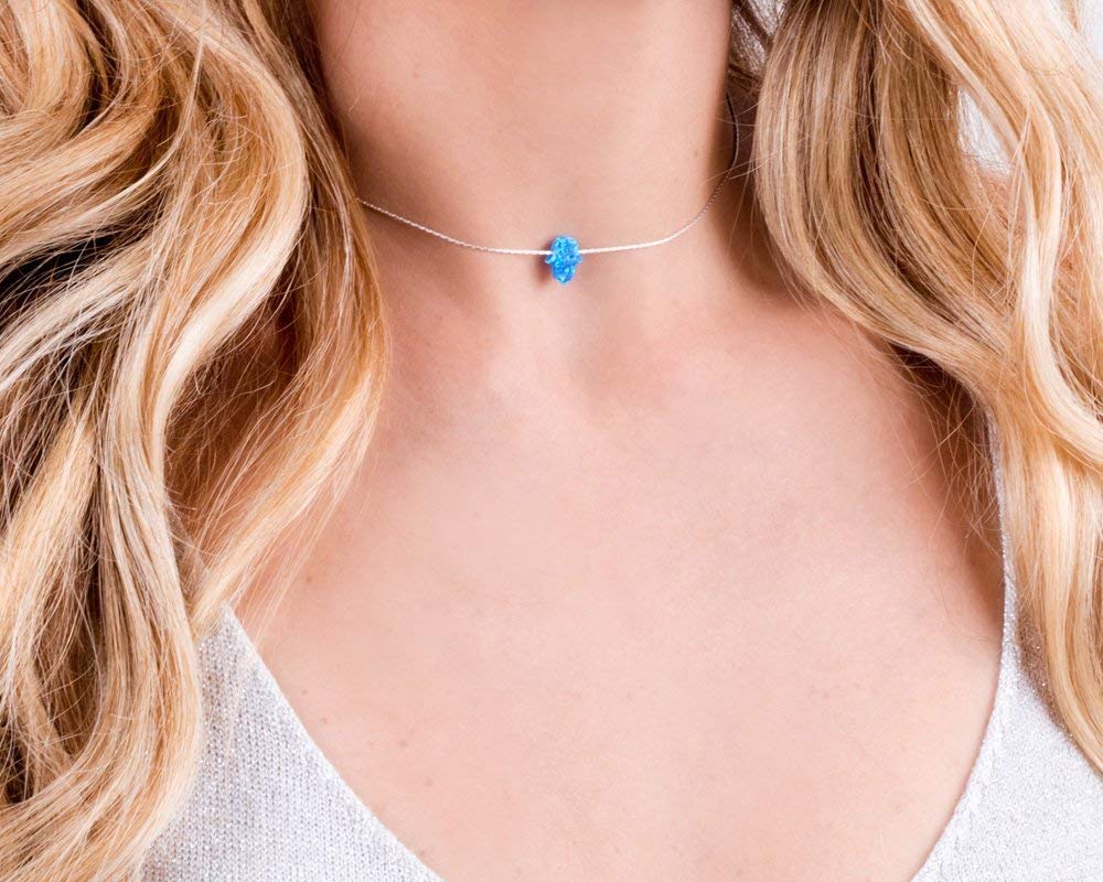 Blue Opal Hamsa on a Sterling Silver Choker Necklace- Handmade Protection Hand Charm Collar – 13.5 + 3 inch extending (royal blue, sterling-silver)