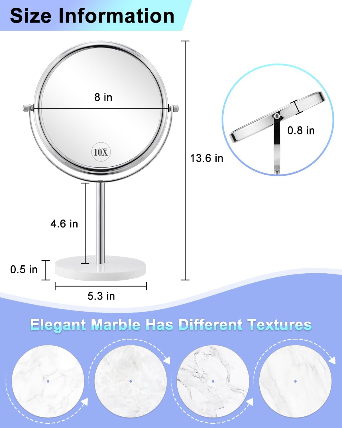 ALHAKIN 10 espejos de maquillaje con aumento, espejo de maquillaje de doble cara de 8 pulgadas para escritorio, espejo de mesa giratorio con base de