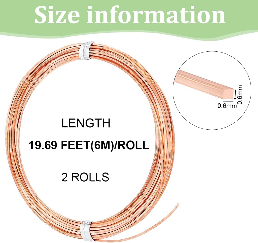 BENECREAT 2 rollos de alambre de cobre cuadrado de 39 pies, alambre de cobre desnudo de 22 gaguas, resistente al deslustre, alambre de joyería