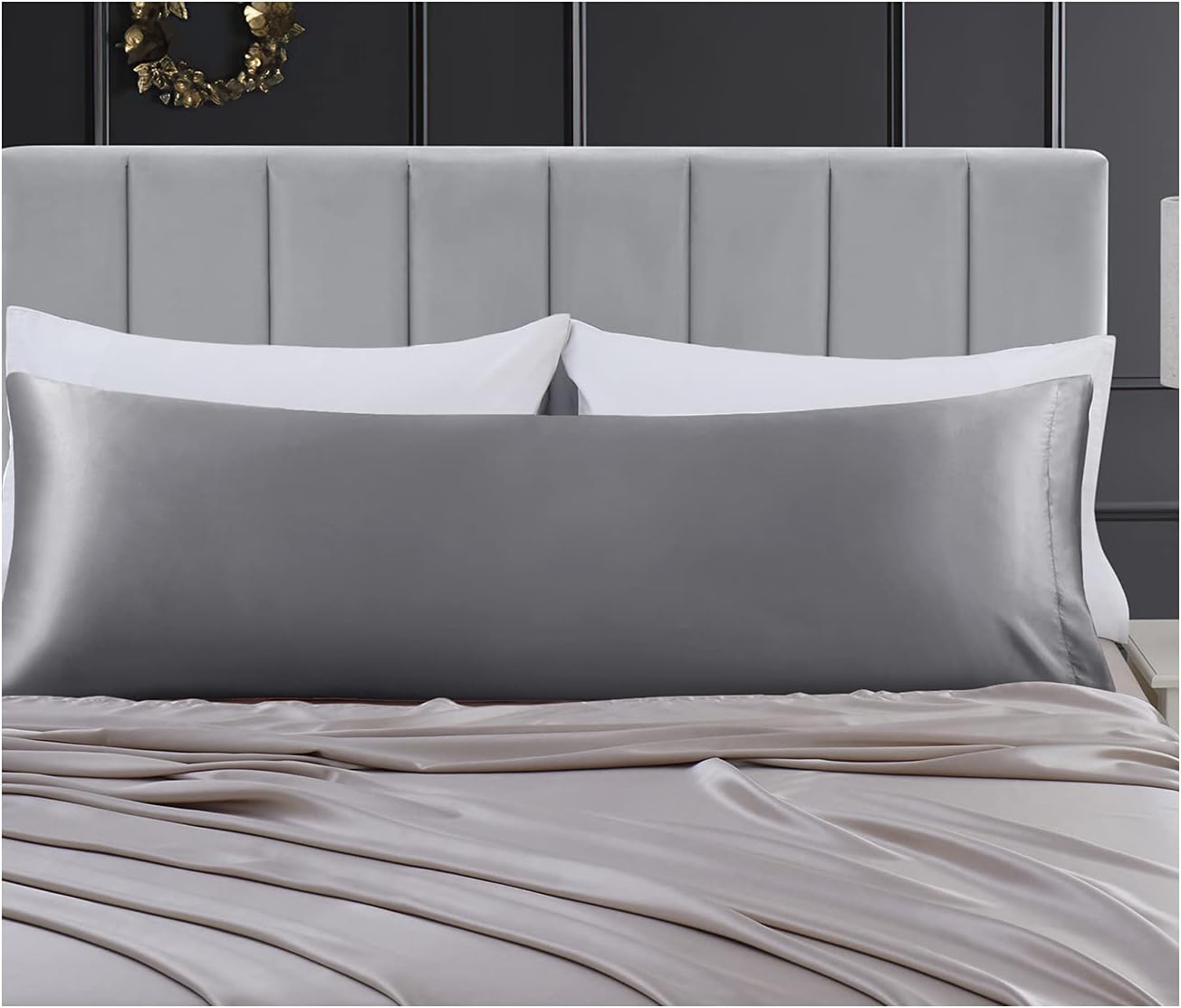 Juego de 2 fundas de almohada de satén para el cuerpo, 20 x 54 pulgadas, color gris oscuro, fundas de almohada corporal para adultos, suaves y