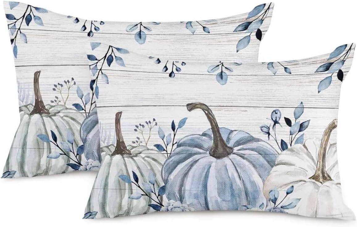 Cotton Throw Pillow Covers Reversible Set of 2, Pumpkin Blue Tree Leaves Floral Fall Soft Couch Pillow Covers for Sofa Bedroom Living Room 12 x 20