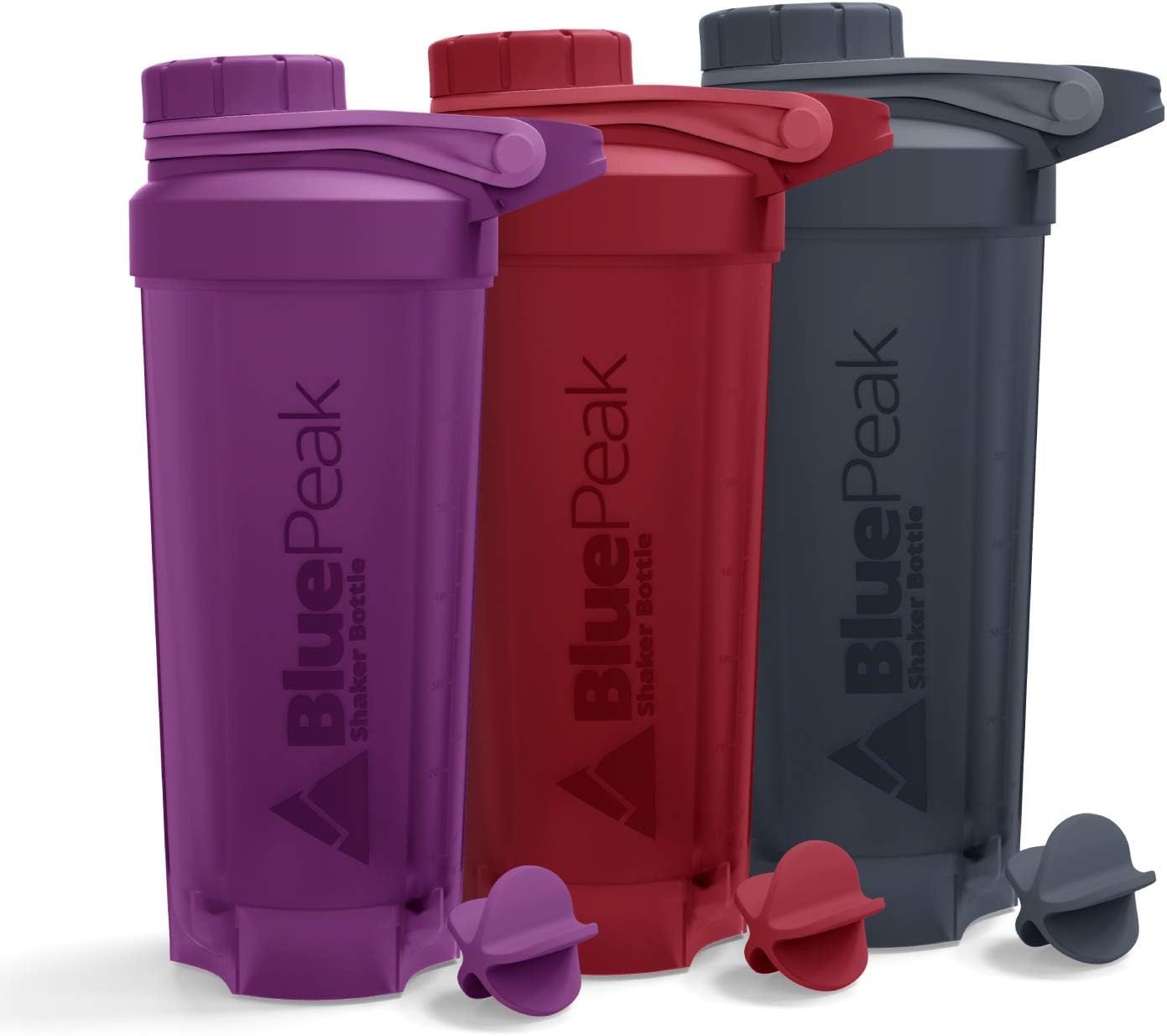 BluePeak Botella mezcladora de proteínas de 28 onzas, paquete de 3 con tapa giratoria. Sin BPA, bolas agitadoras incluidas (morado, rojo y gris)
