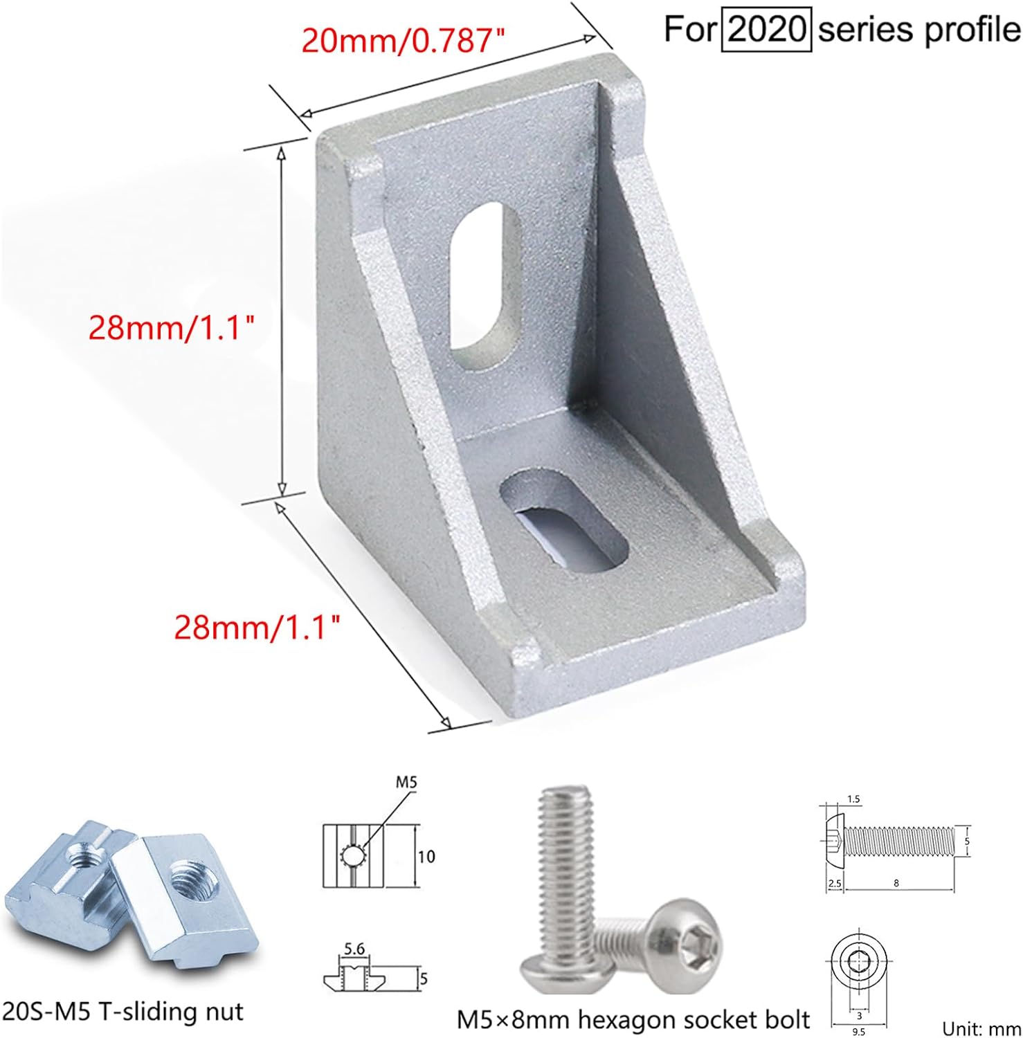 Serie 2020 17 juegos Silve 20S T Ranura de aluminio Juego de conectores de perfil de extrusión de aluminio, 17 piezas de soportes de esquina, con 34