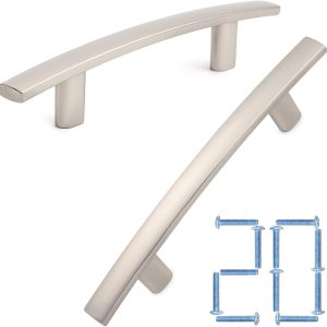KOOFIZO Paquete de 20 tiradores de barra curvada sólida para gabinete, manija de arco de muebles de níquel cepillado, orificio central para tornillo KOOFIZO Paquete de 20 tiradores de barra curvada sólida para gabinete, manija de arco de muebles de níquel cepillado, orificio central para tornillo